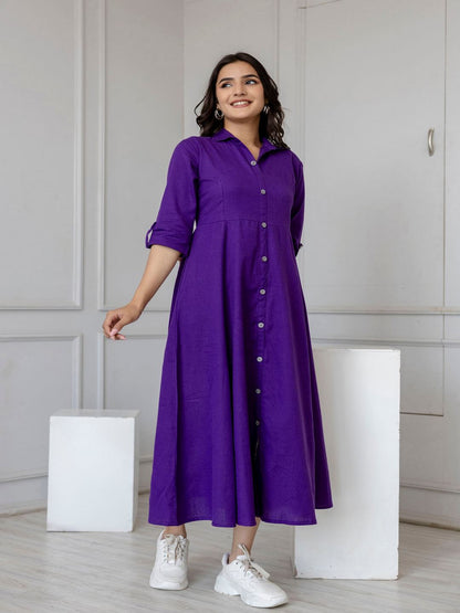 Purple Solid Flared Dress With Three Quarter Sleeves