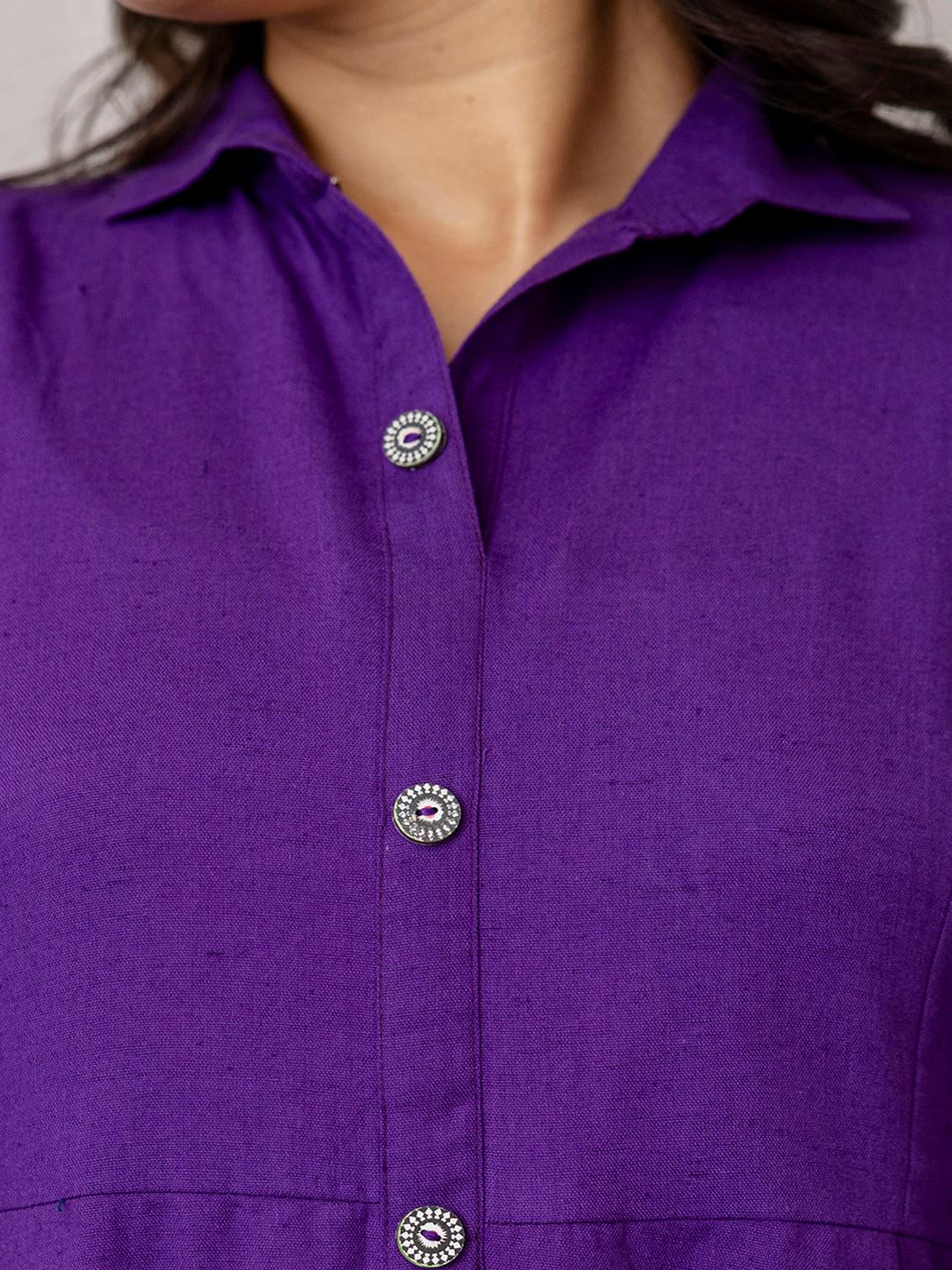 Purple Solid Flared Dress With Three Quarter Sleeves