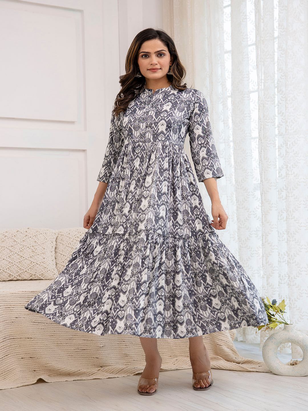 Grey Ethnic Printed Flared Dress