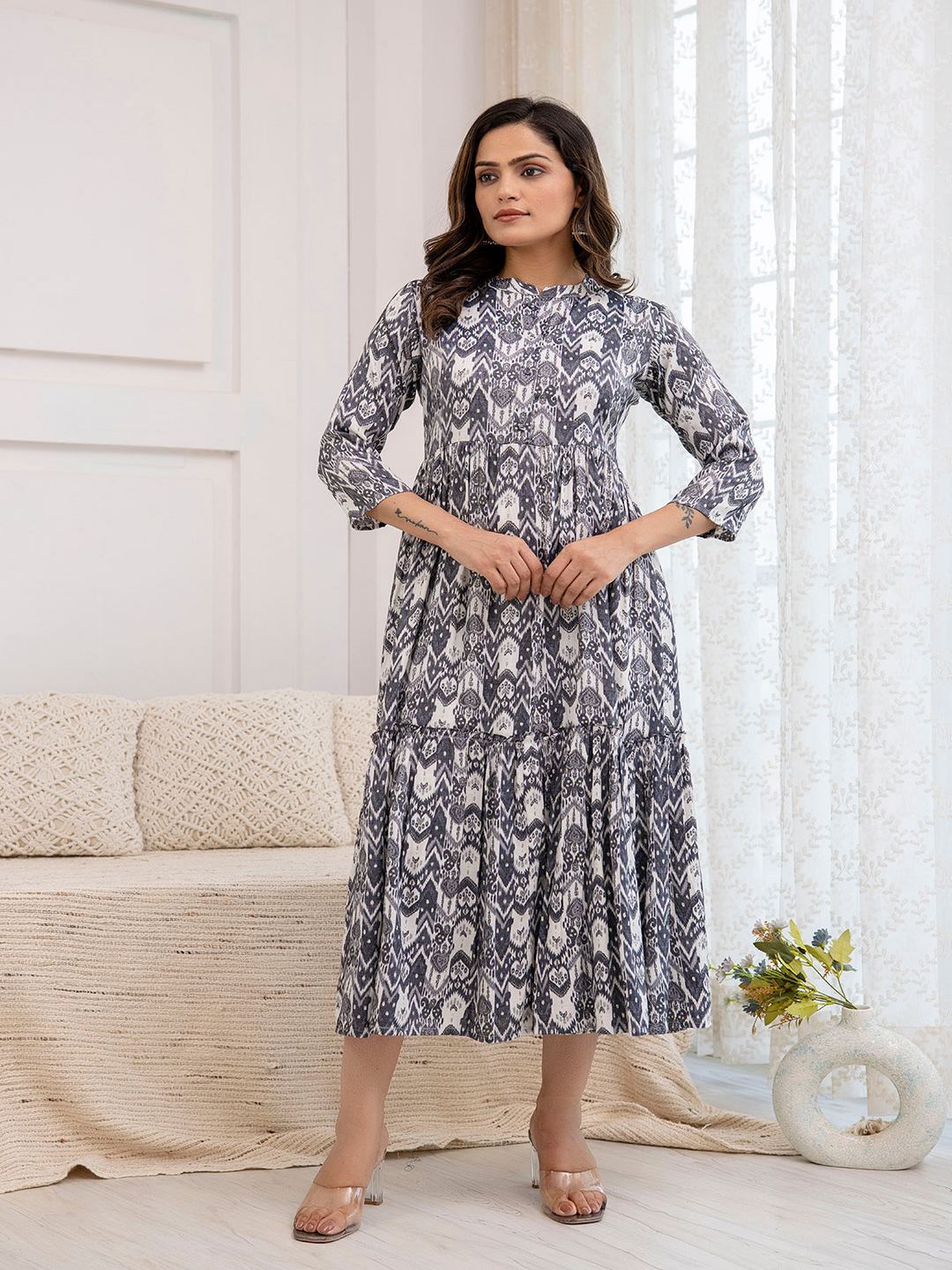 Grey Ethnic Printed Flared Dress