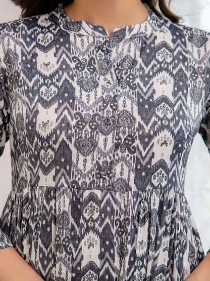 Grey Ethnic Printed Flared Dress