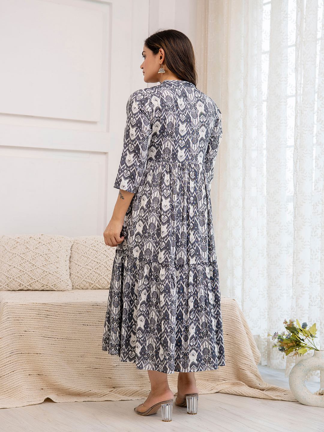 Grey Ethnic Printed Flared Dress