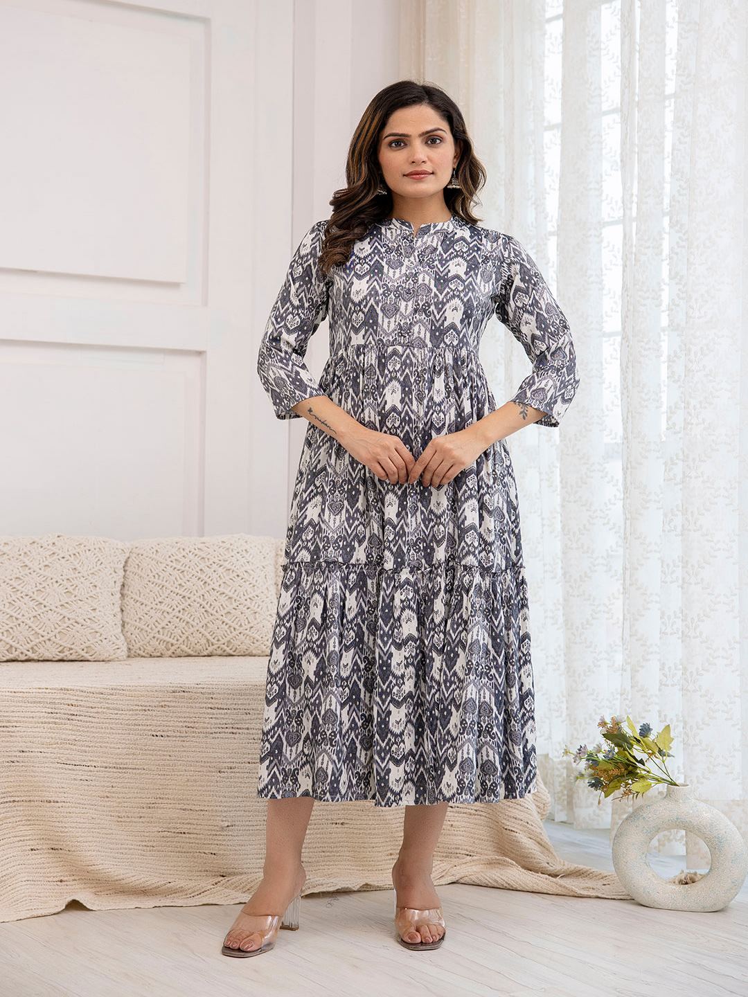 Grey Ethnic Printed Flared Dress