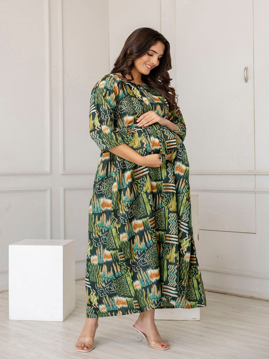 Green Printed Flared Maternity Dress