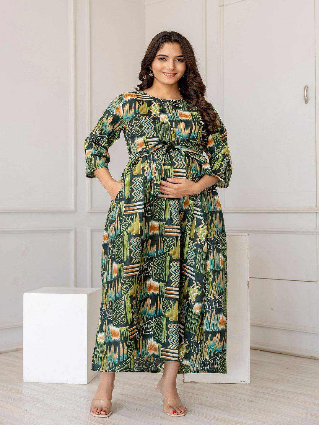 Green Printed Flared Maternity Dress