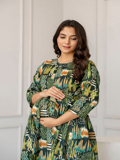 Green Printed Flared Maternity Dress