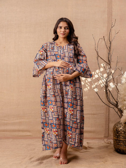 Multi Printed Flared Maternity Dress