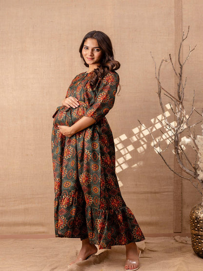 Green Printed Flared Maternity Dress