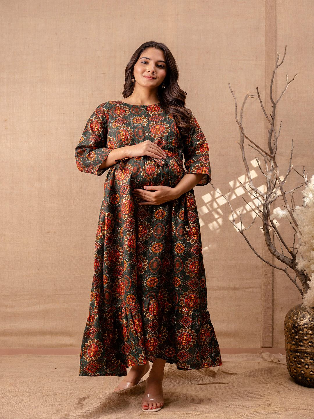 Green Printed Flared Maternity Dress