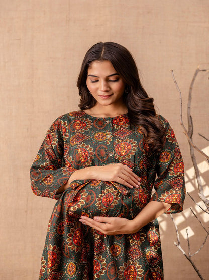 Green Printed Flared Maternity Dress