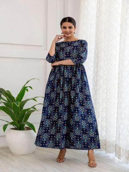 Navy Blue Ethnic Printed Flared Dress