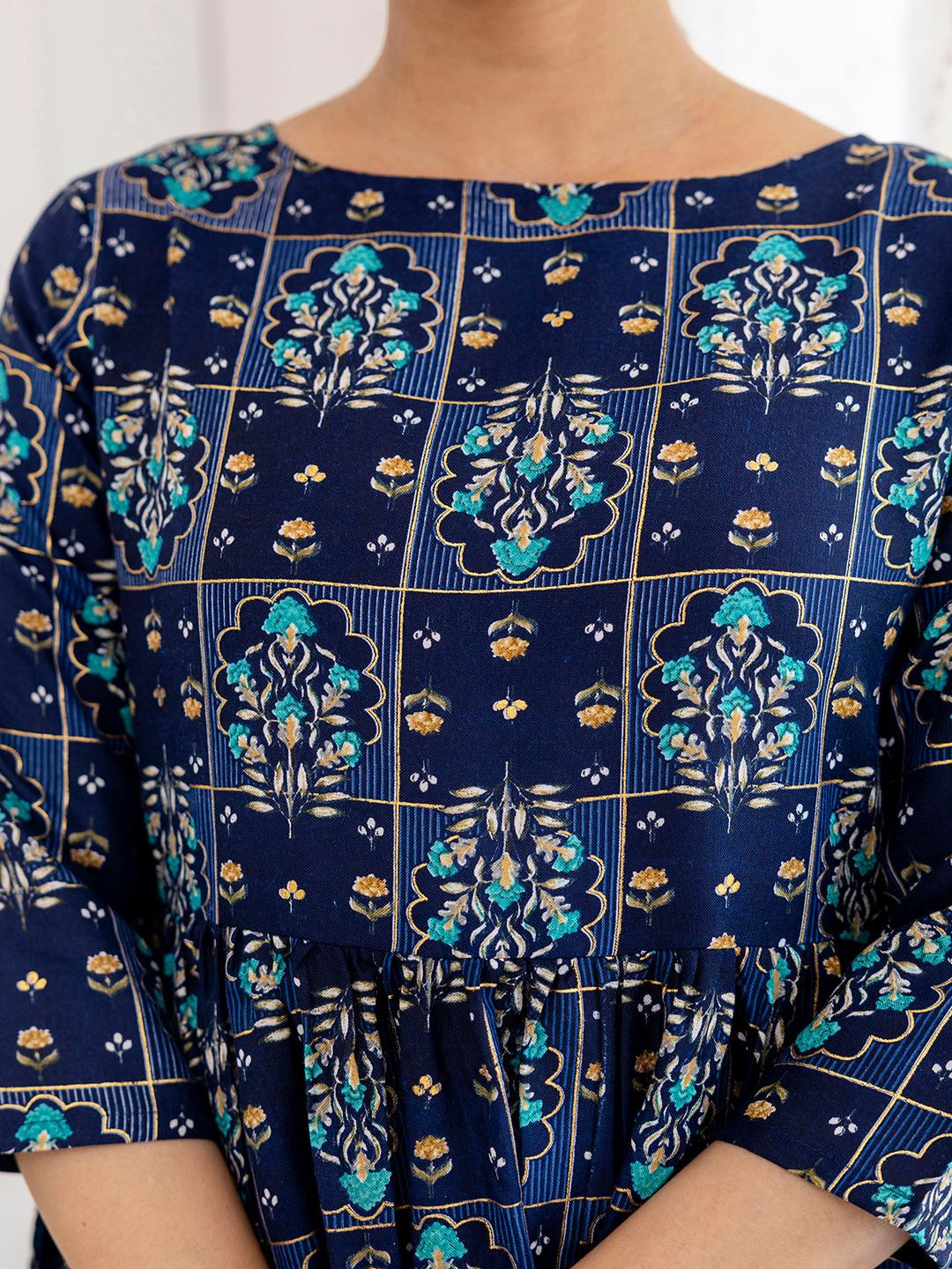 Navy Blue Ethnic Printed Flared Dress