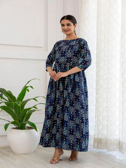 Navy Blue Ethnic Printed Flared Dress