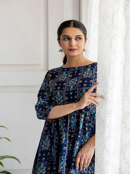 Navy Blue Ethnic Printed Flared Dress