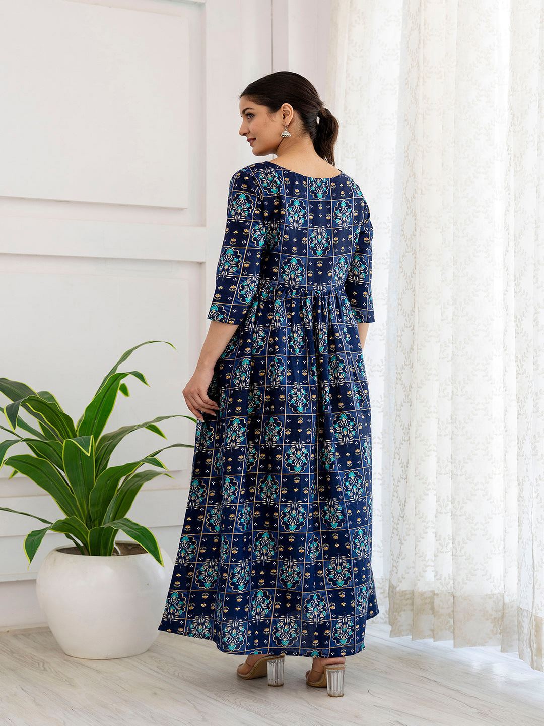 Navy Blue Ethnic Printed Flared Dress