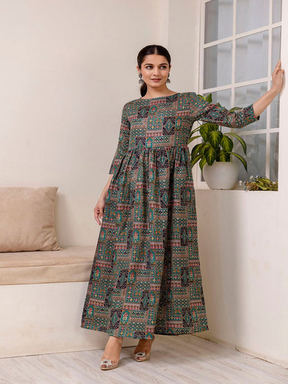 Green Abstract Printed Flared Dress