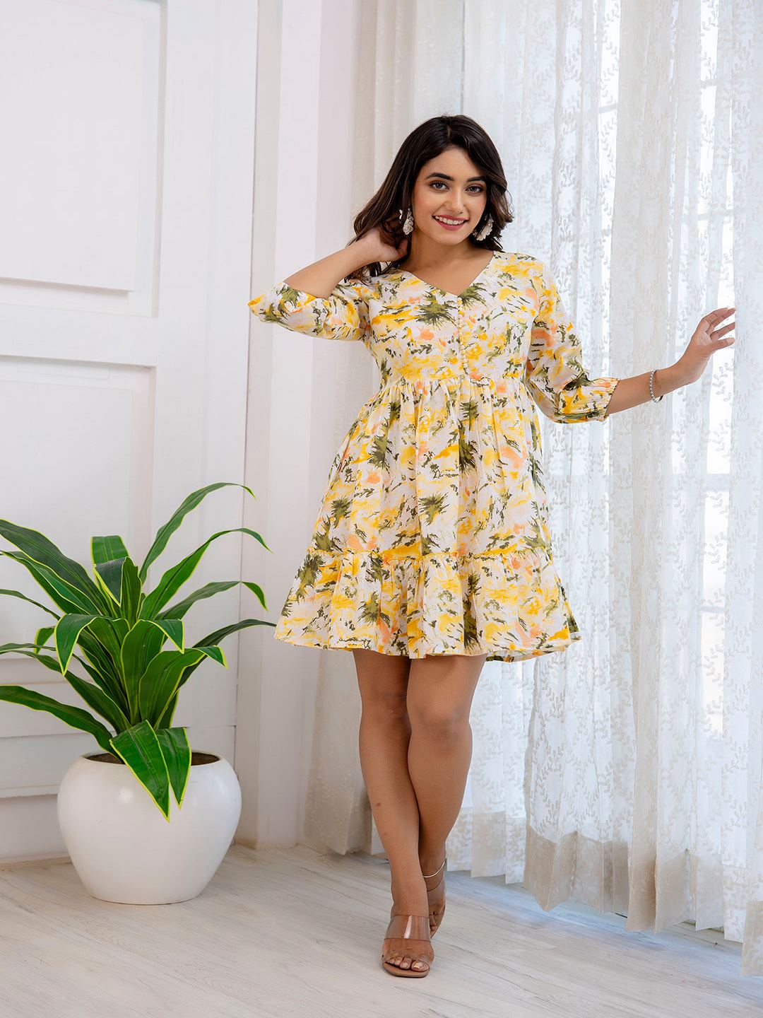 Yellow Printed Flared Dress