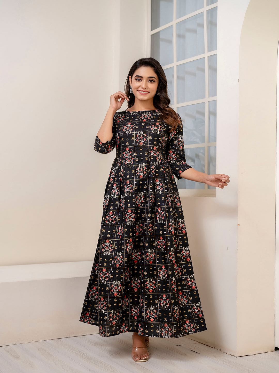 Black Ethnic Printed Dress With Gather