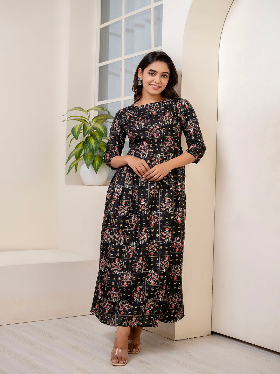 Black Ethnic Printed Dress With Gather