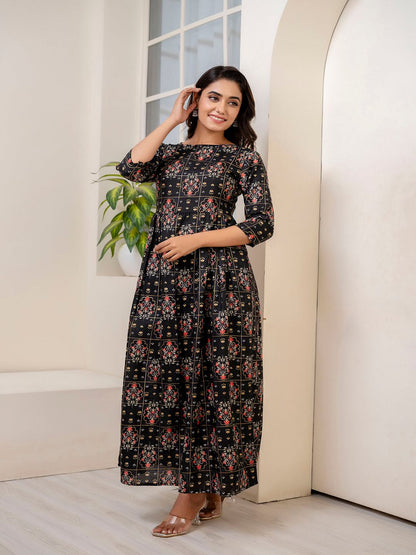 Black Ethnic Printed Dress With Gather