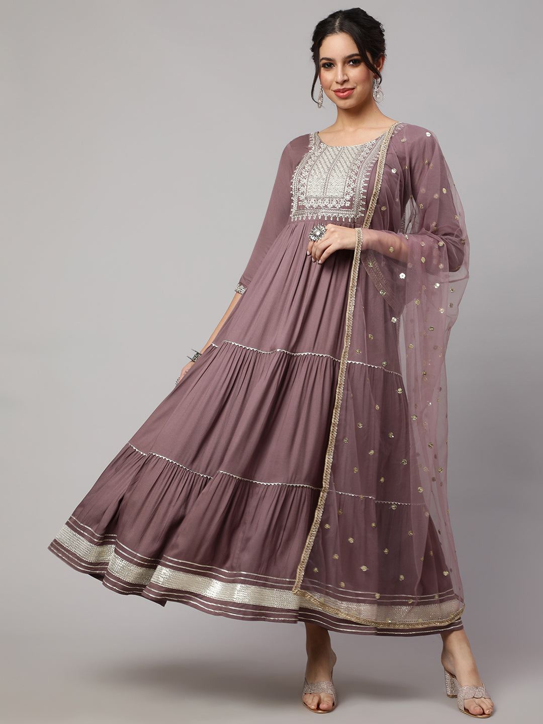 Taupe Embroidered Flared Dress With Net Dupatta