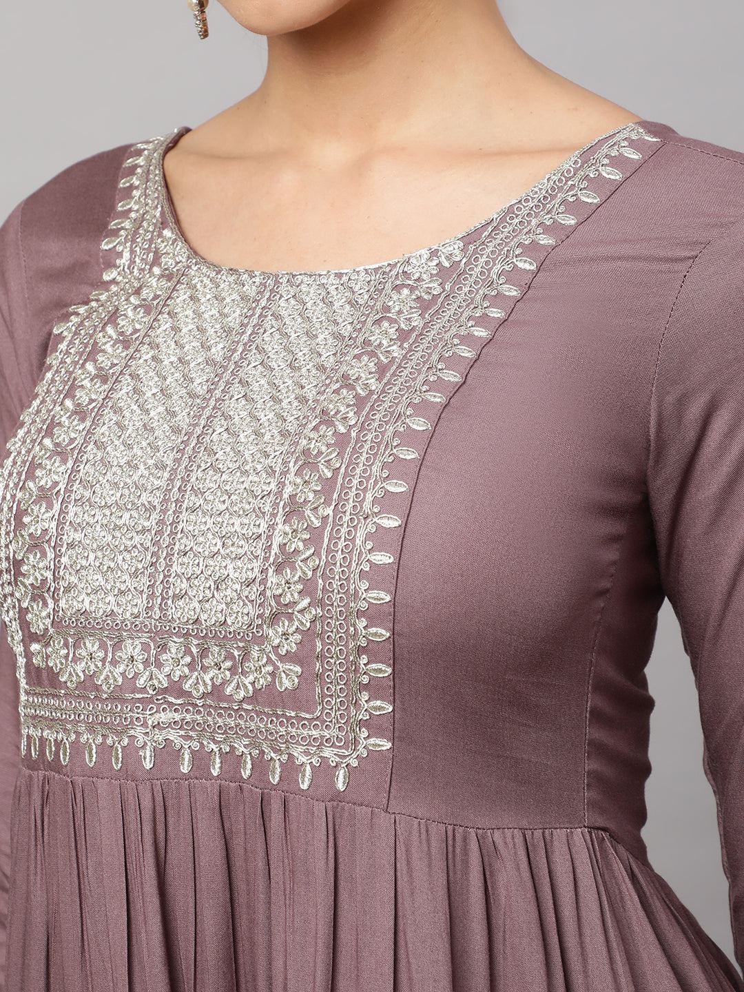 Taupe Embroidered Flared Dress With Net Dupatta