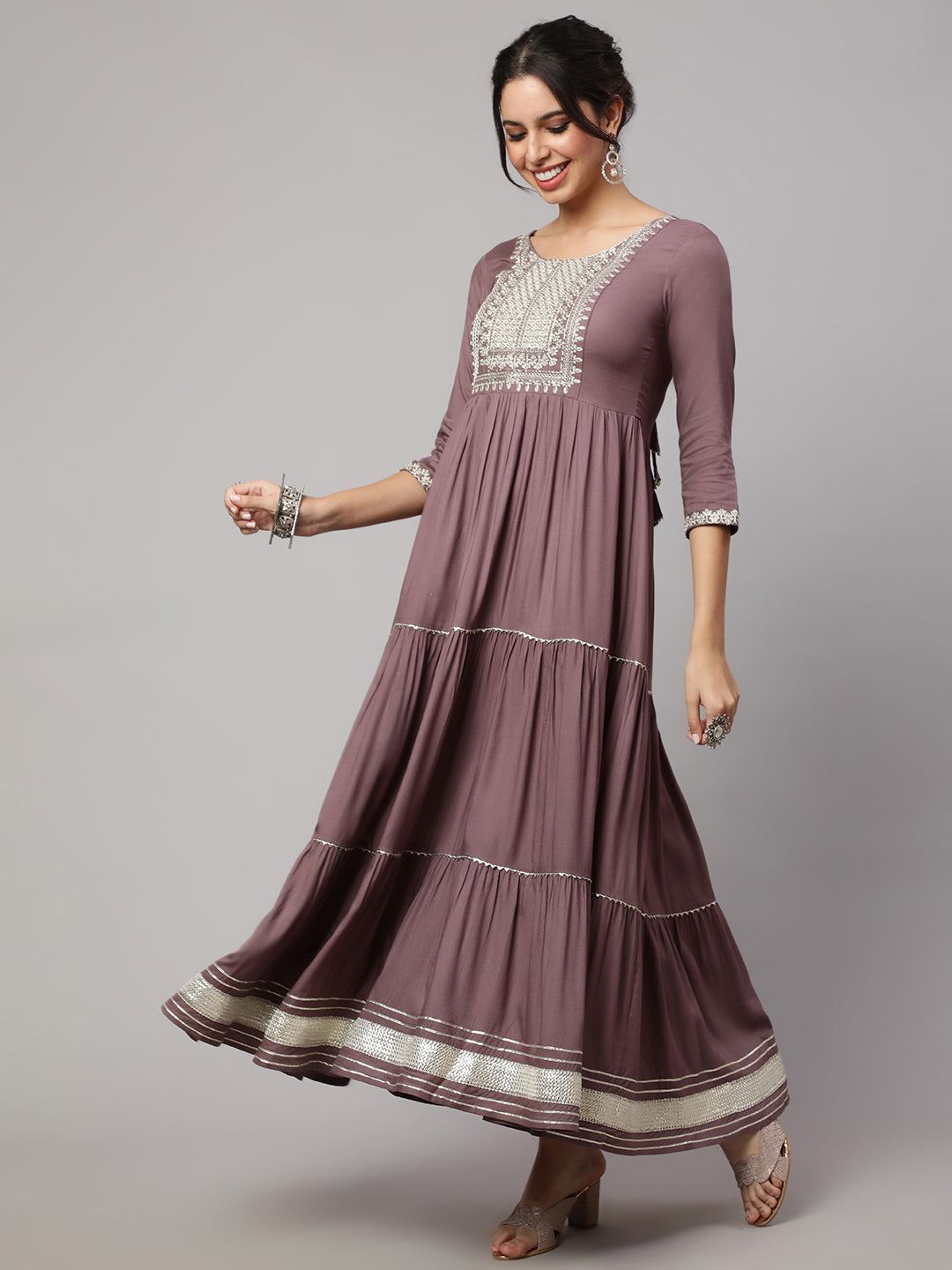 Taupe Embroidered Flared Dress With Net Dupatta