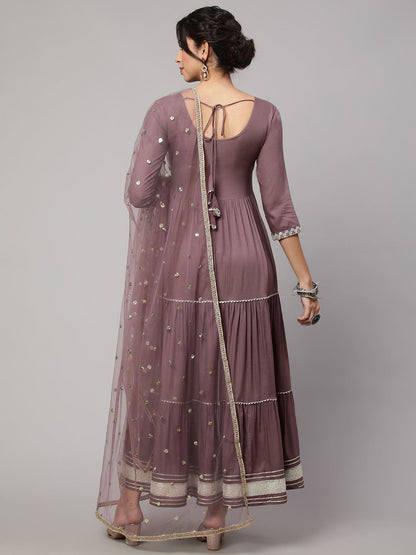 Taupe Embroidered Flared Dress With Net Dupatta