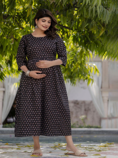 Black Printed Flared Maternity Dress