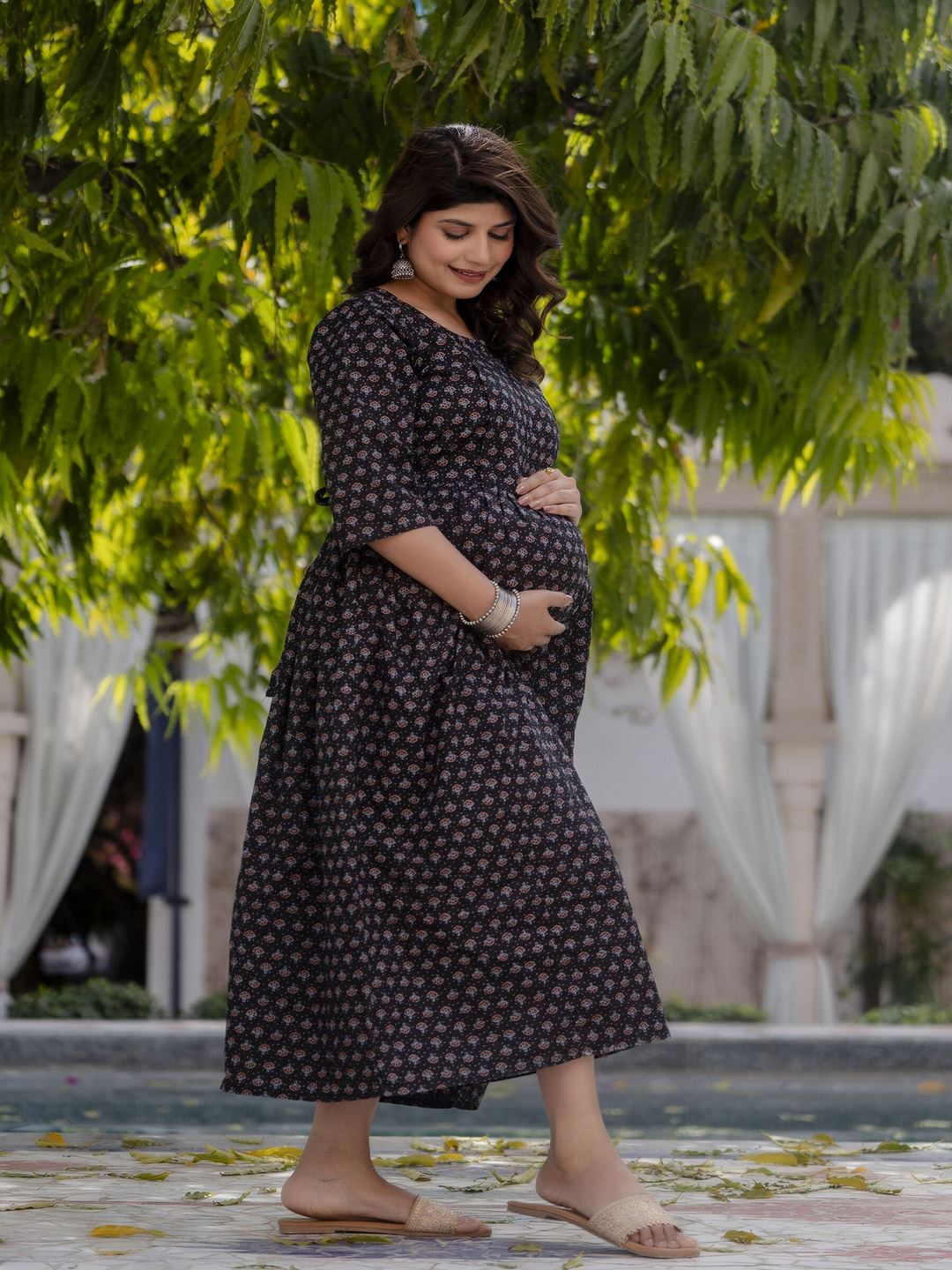 Black Printed Flared Maternity Dress