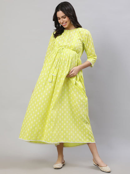 Yellow Printed Flared Maternity Dress