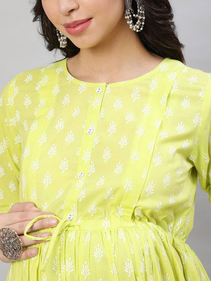 Yellow Printed Flared Maternity Dress