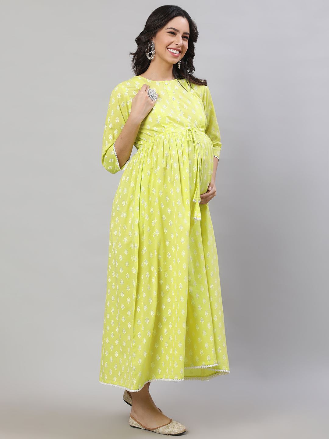 Yellow Printed Flared Maternity Dress