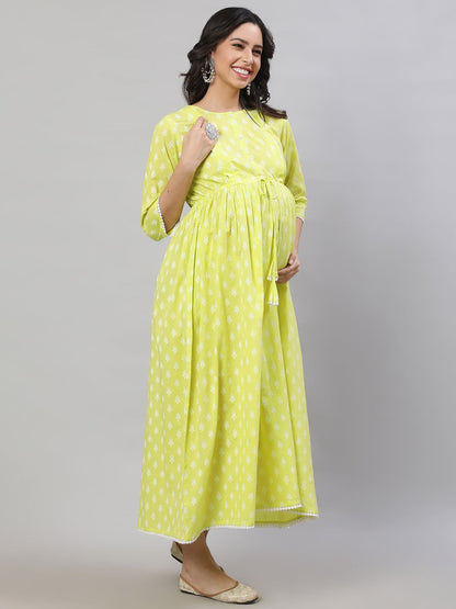 Yellow Printed Flared Maternity Dress