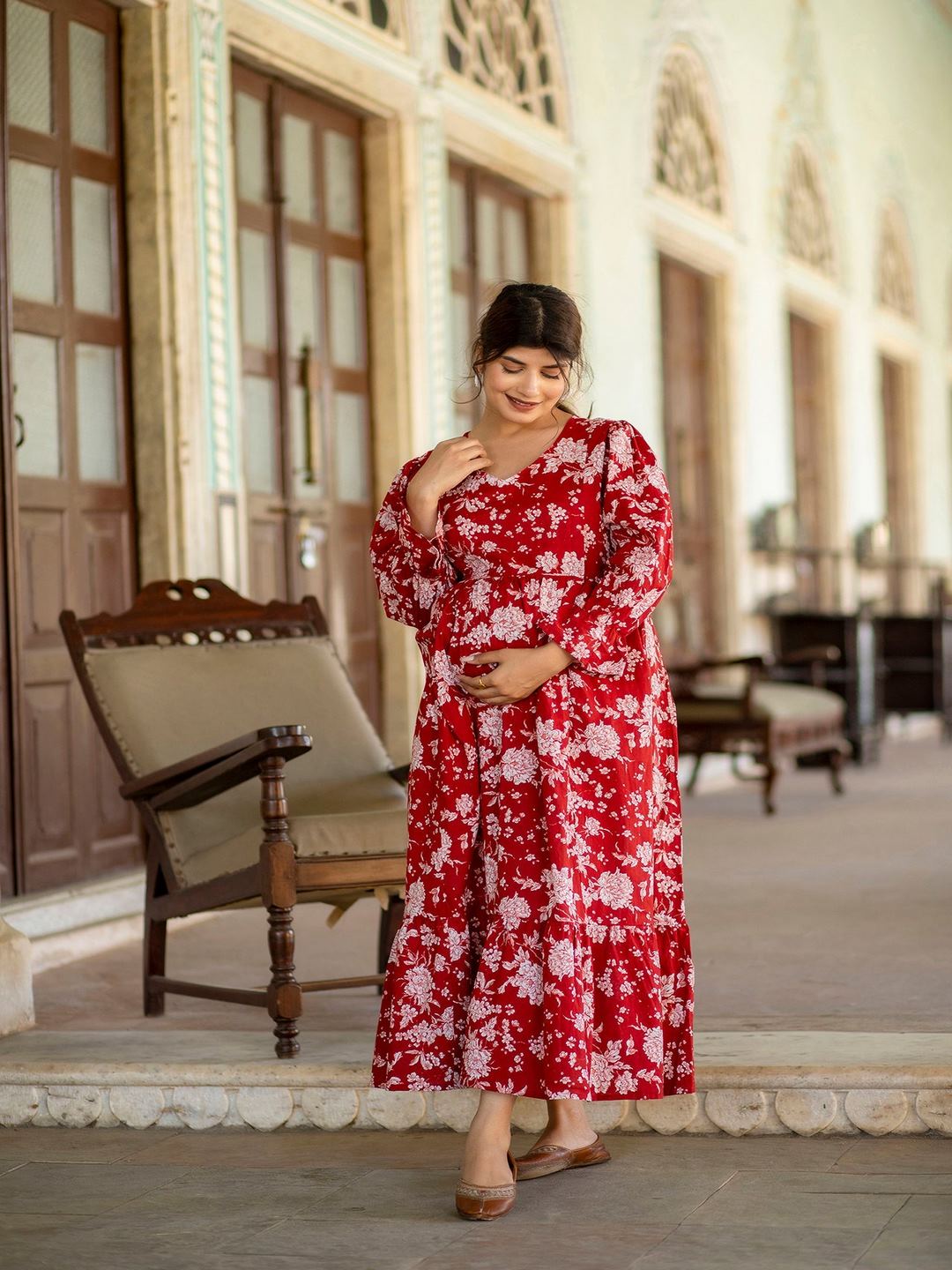 Red Printed Flared Maternity Dress