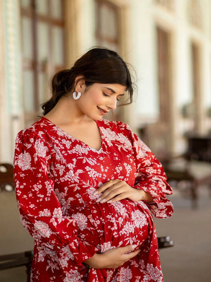 Red Printed Flared Maternity Dress