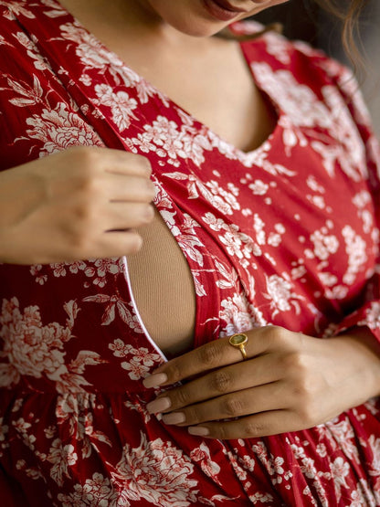 Red Printed Flared Maternity Dress