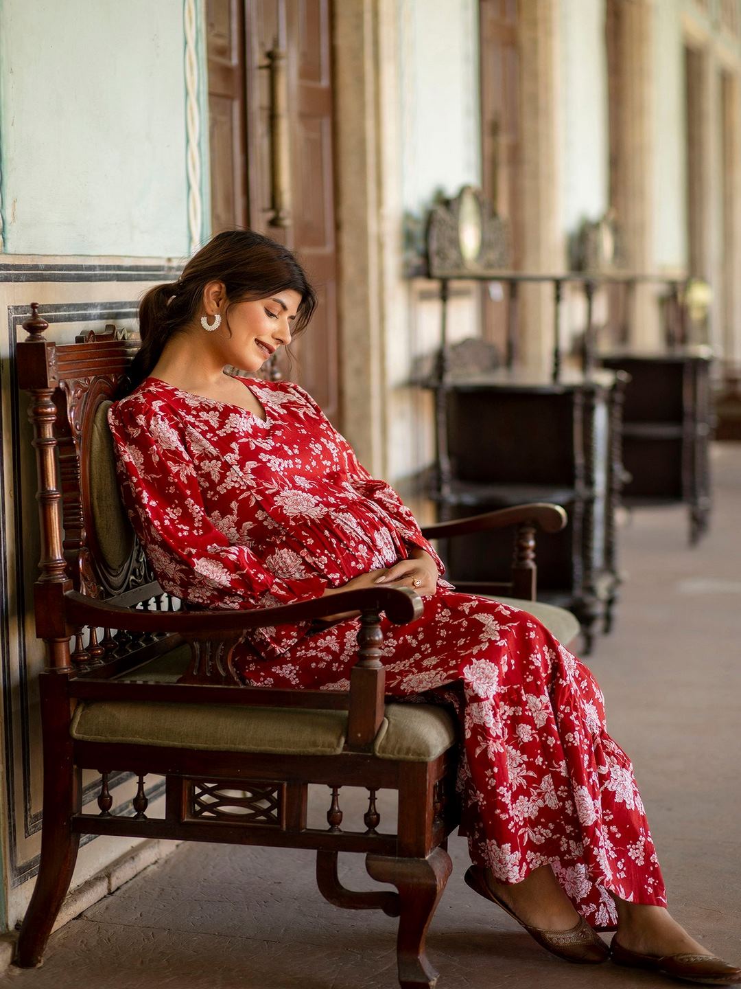 Red Printed Flared Maternity Dress