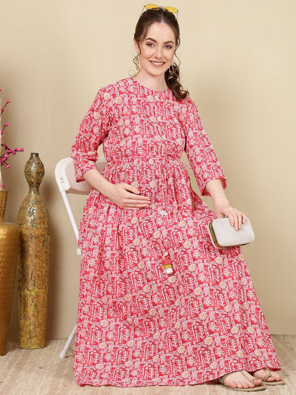 Pink Printed Flared Maternity Dress