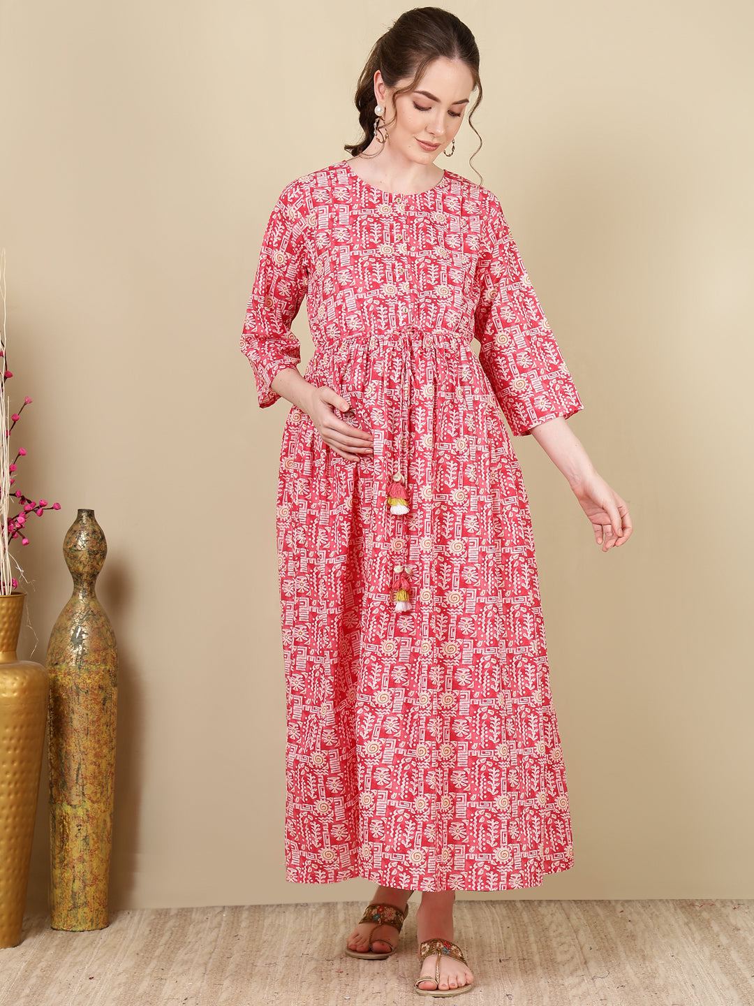 Pink Printed Flared Maternity Dress