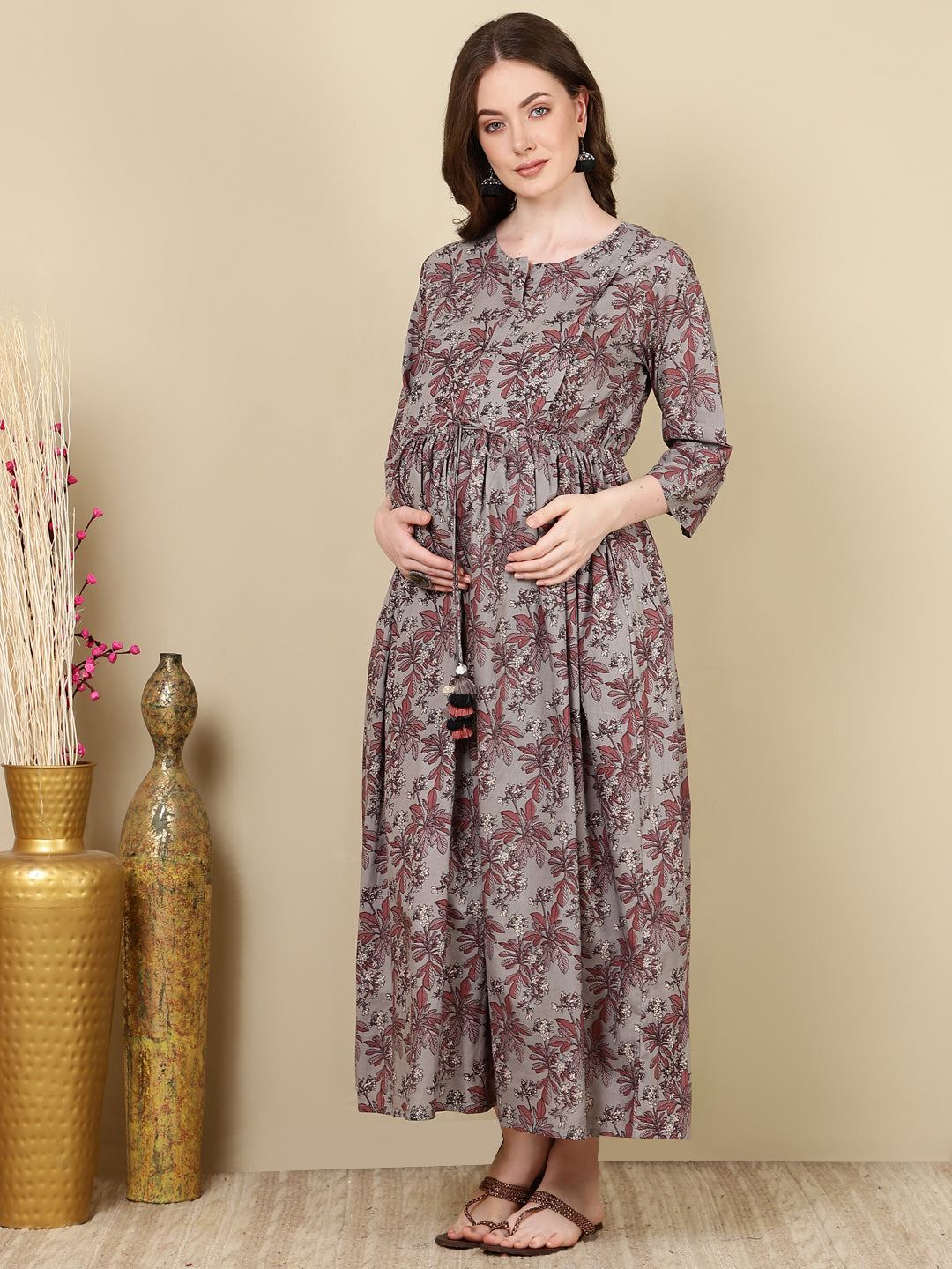 Grey Printed Flared Maternity Dress