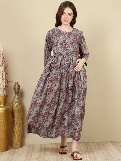 Grey Printed Flared Maternity Dress