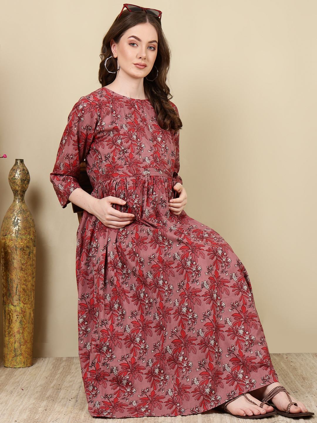 Mauve Floral Printed Flared Maternity Dress