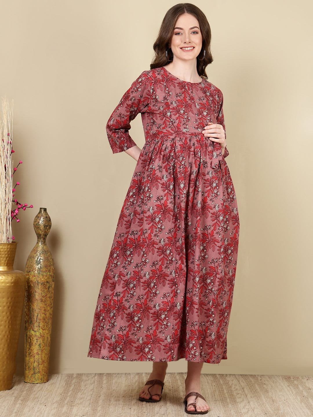 Mauve Floral Printed Flared Maternity Dress