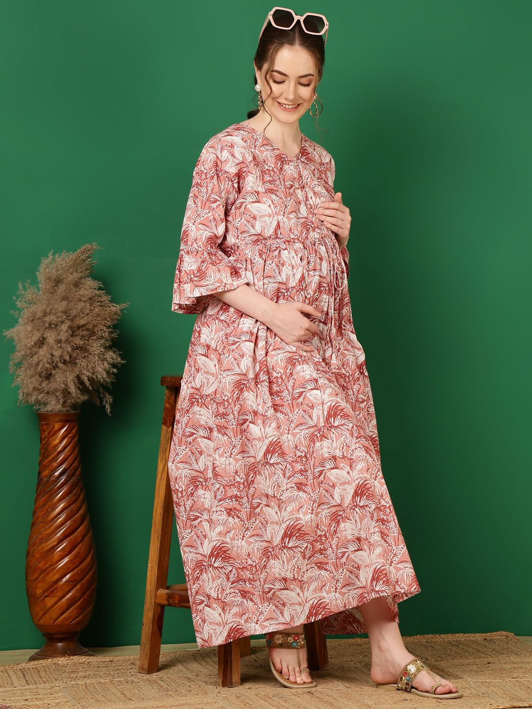 Mauve Floral Printed Flared Maternity Dress