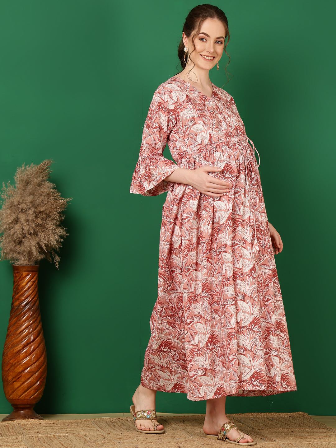 Mauve Floral Printed Flared Maternity Dress