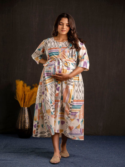 Multi Printed Flared Maternity Dress