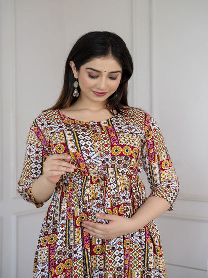 Multi Printed Flared Maternity Dress