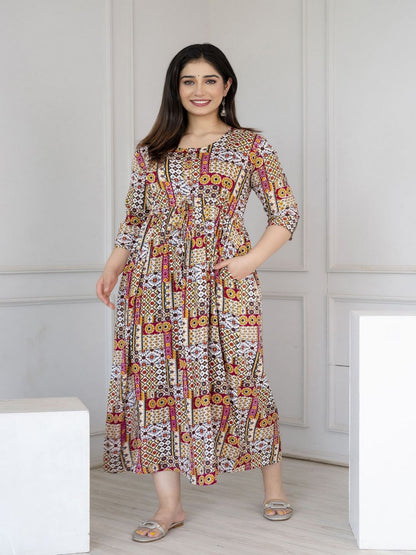 Multi Printed Flared Maternity Dress