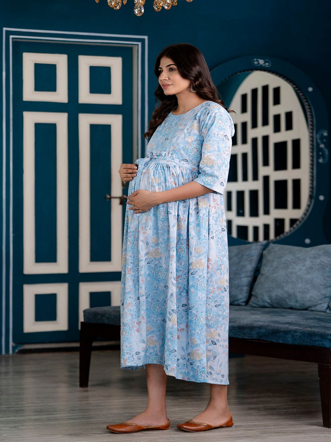 Blue Printed Maternity Dress